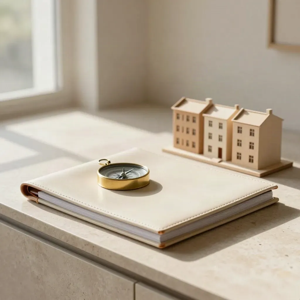 Cream folio, brass compass paperweight, and townhouse model on pale stone in warm morning light.