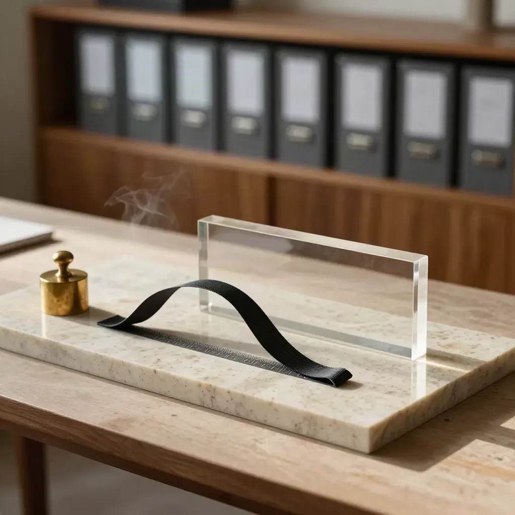 Translucent allocation blocks settle beside a brass weight and ribbon in a travertine strategy room.