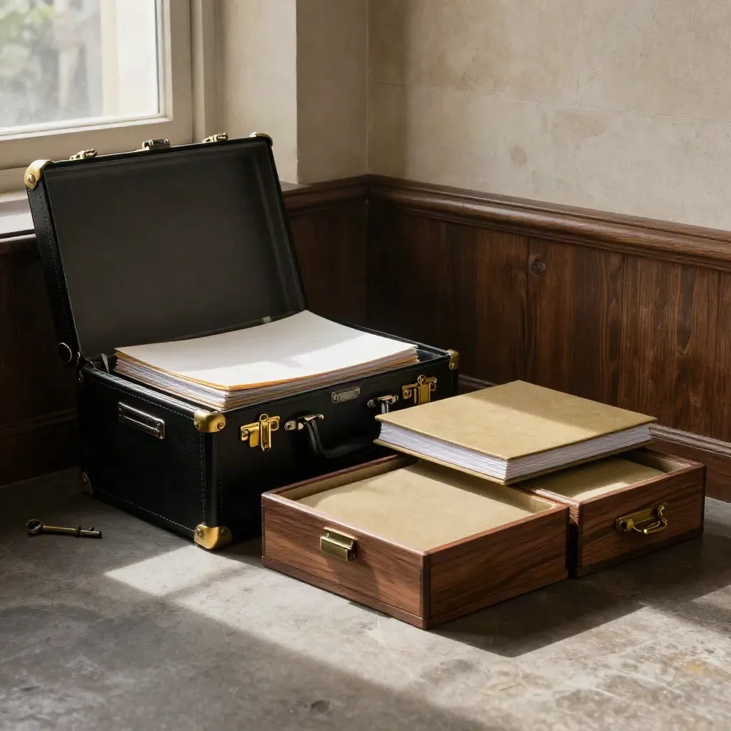 Black archive case, walnut boxes and brass clips in a moody deal-room corner.