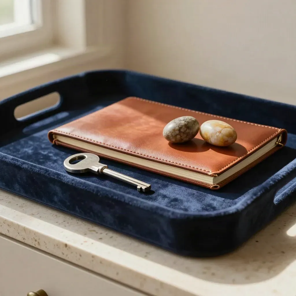 Velvet-lined tray with silver key, calfskin notebook and stone tokens in warm window light.