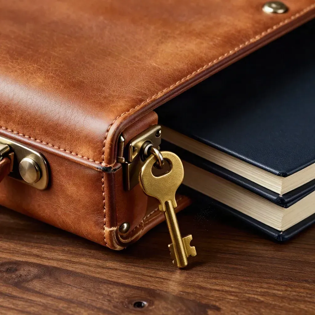 Macro still life of a leather briefcase corner, brass key and portfolio clip on walnut.