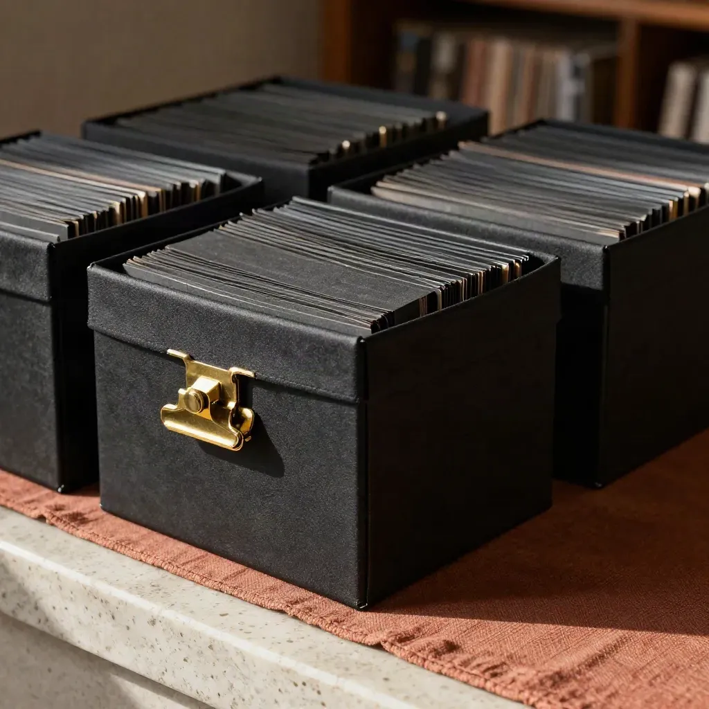 Archive boxes, brass clips and portfolio cards on terracotta linen in soft daylight.