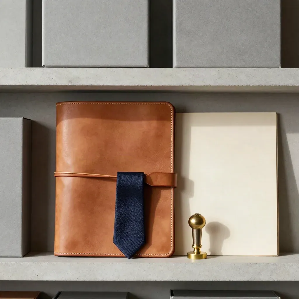 Leather folio, brass seal, and aligned archive boxes on a stone shelf